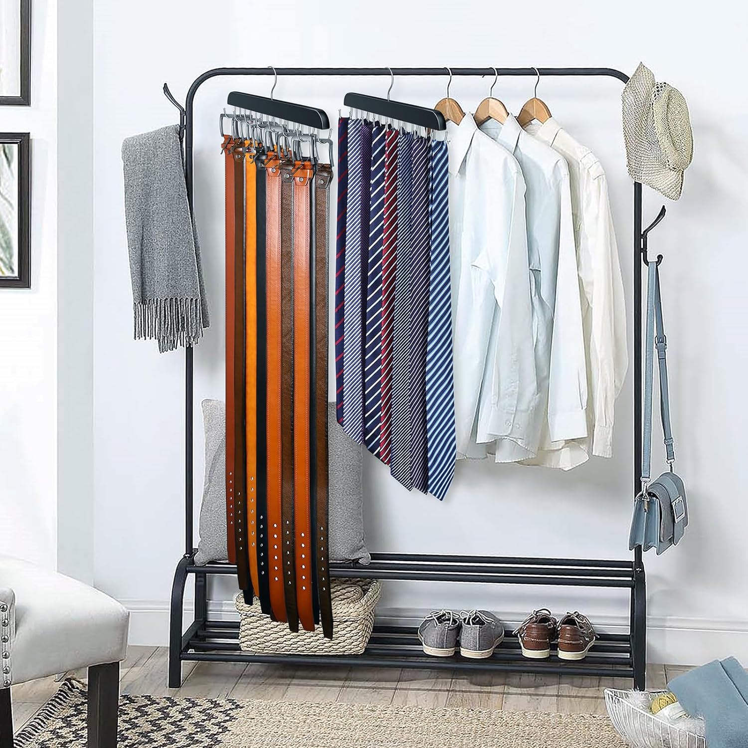 Belt Hanger for Closet Max 42 Belts, Sturdy Wood Belt Rack Closet Accessories with 14 Hooks Belt Organizer for Closet Organizers and Storage -Black 1 Pack