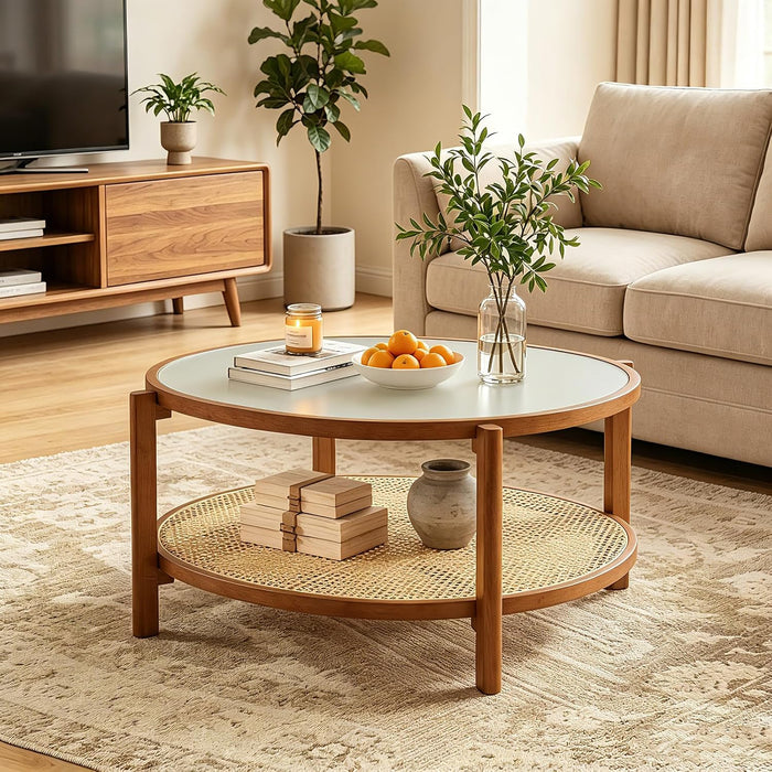 Giantex Rattan Coffee Table, 35" Farmhouse Glass Center Table with Storage, Frosted Tempered Glass Top & Solid Wood Leg, Small Accent Tea Table, Round Coffee Table for Living Room, Small Space, Walnut
