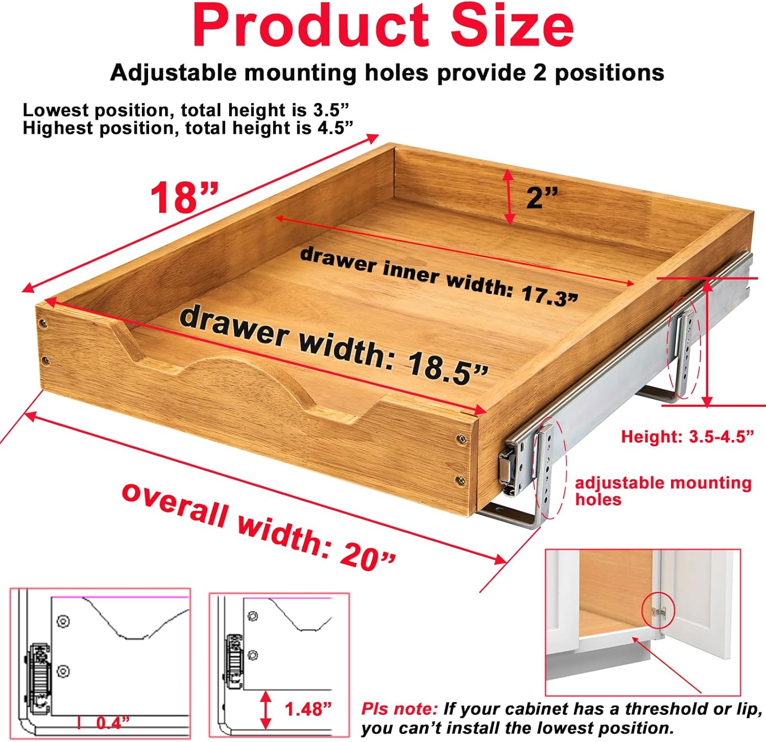 DINDON Pull Out Cabinet Organizer (20" W x 18" D) 1 Tier，Single Tier Oak Wood Under Cabinet Slide Out Shelf Drawer Box…