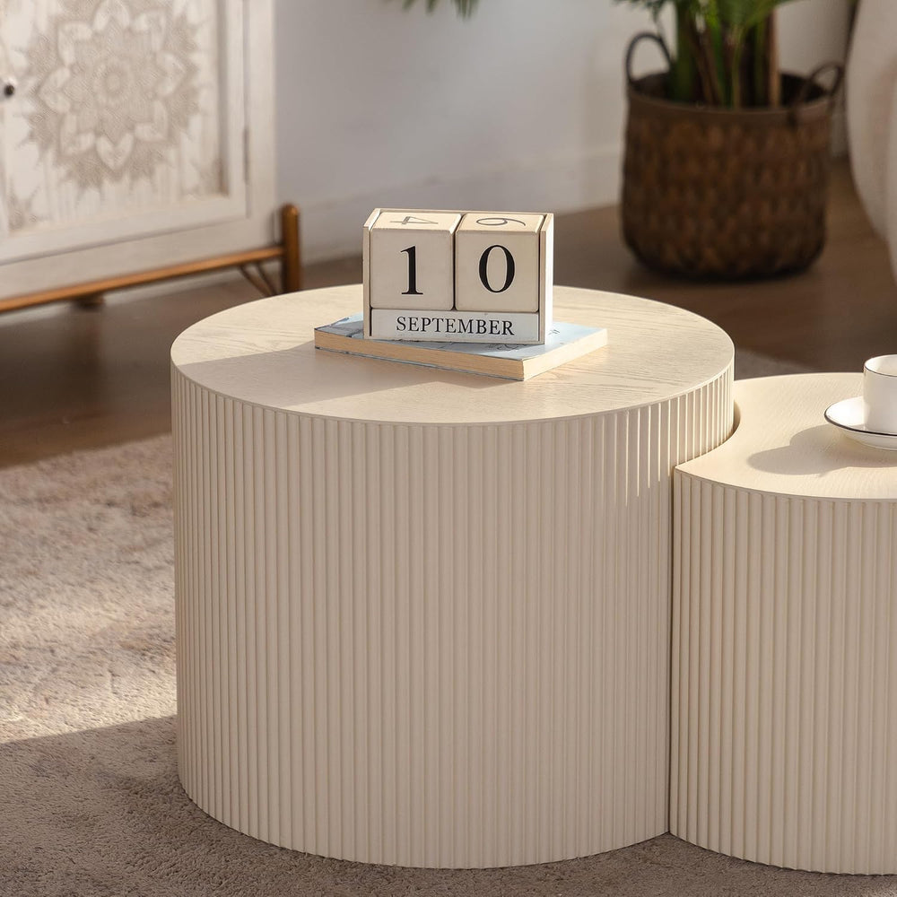 Round Wood Coffee Table Set od 2 for Small Space, Morden End Table, Fluted Si...