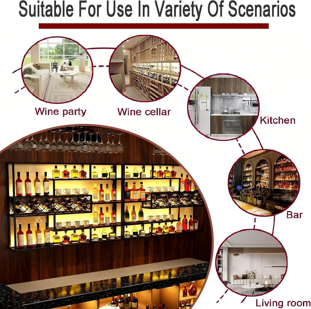 78.7IN Large Metal 4 Tier Wall Mount Wine Rack with LED Light | Wall Mounted,...