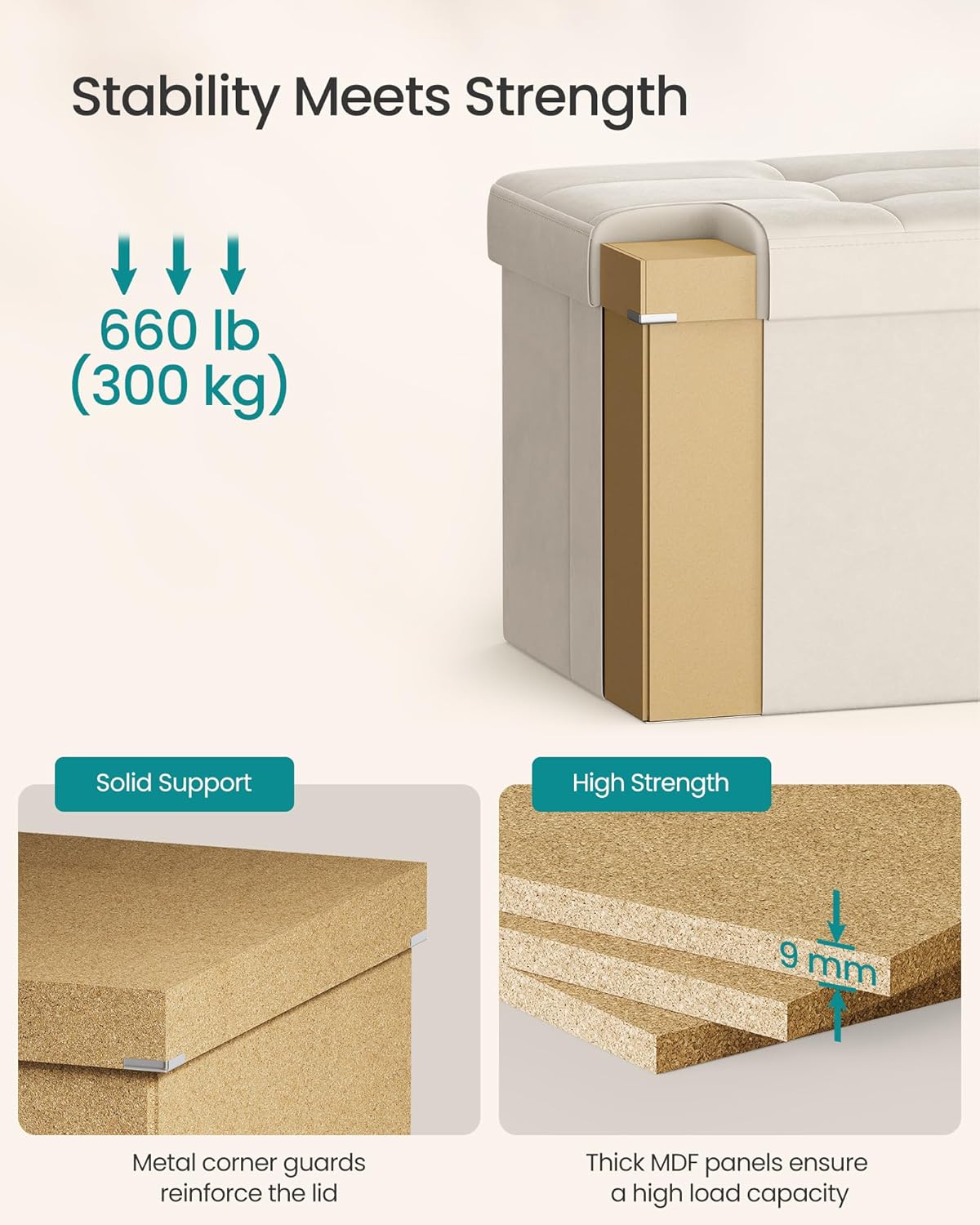SONGMICS Mazie Collection - 43 Inches Storage Ottoman, Foldable Storage Bench with Flipping Lid, 660 lb Load Capacity, for Entryway, Living Room, Bedroom, Velvet Fabric, Cream White ULSF078LH01