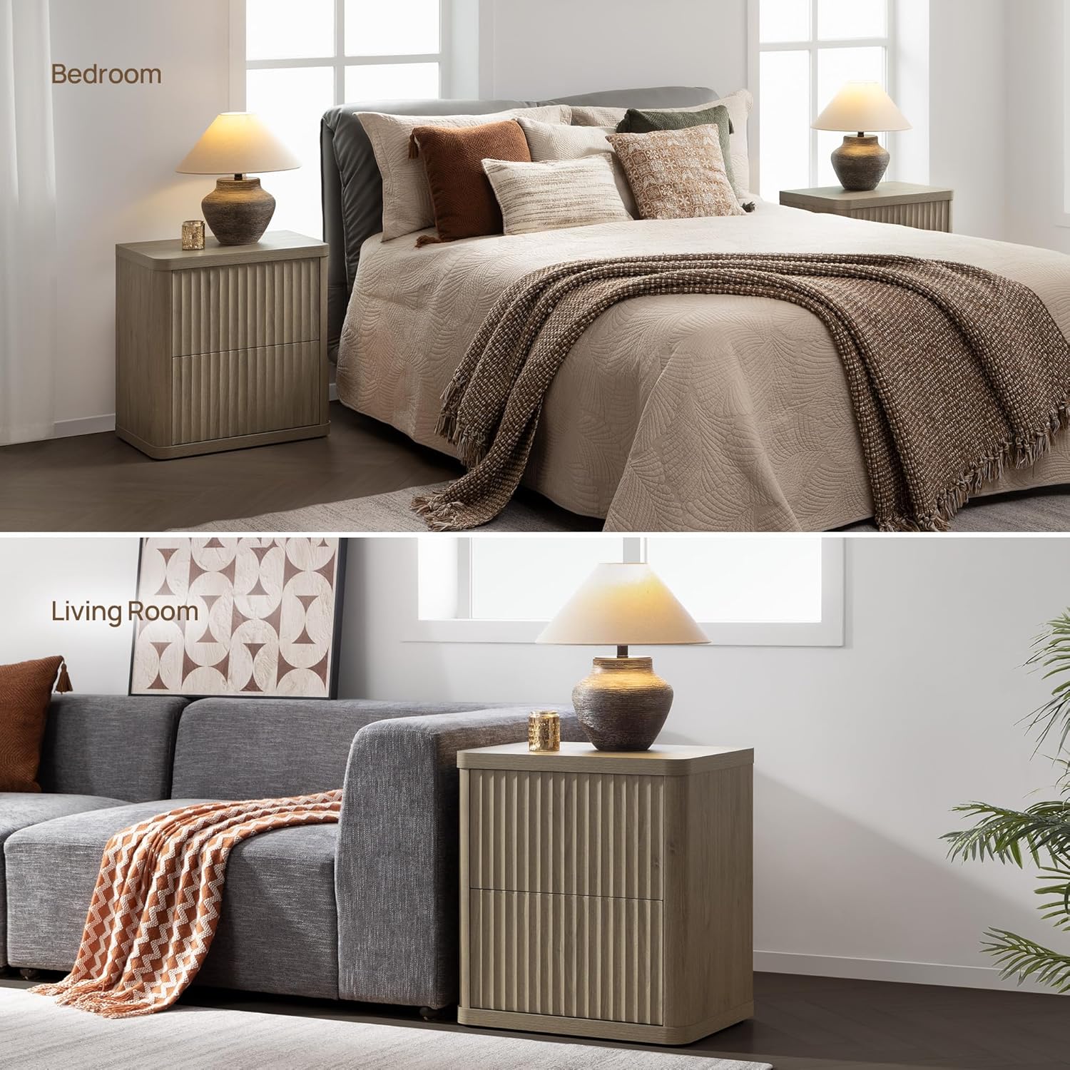 SICOTAS Night Stand Set of 2 Nightstands with 2 Drawers Storage Bedside Table Large Fluted Bed Side End Table Modern 24.4" Tall Wide Night Stands for Bedroom Living Room Sofa Couch Office, Grey Alder
