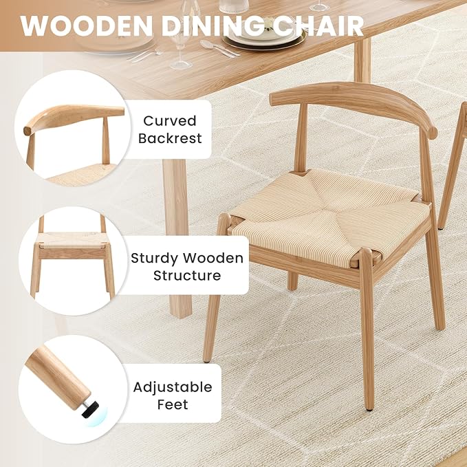 Farini Mid Century Modern Dining Chairs Set of 2, Solid Wood Frame Kitchen Chairs with Woven Upholstered Seat for Dining Room & Breakfast Nook,Natural-Beige
