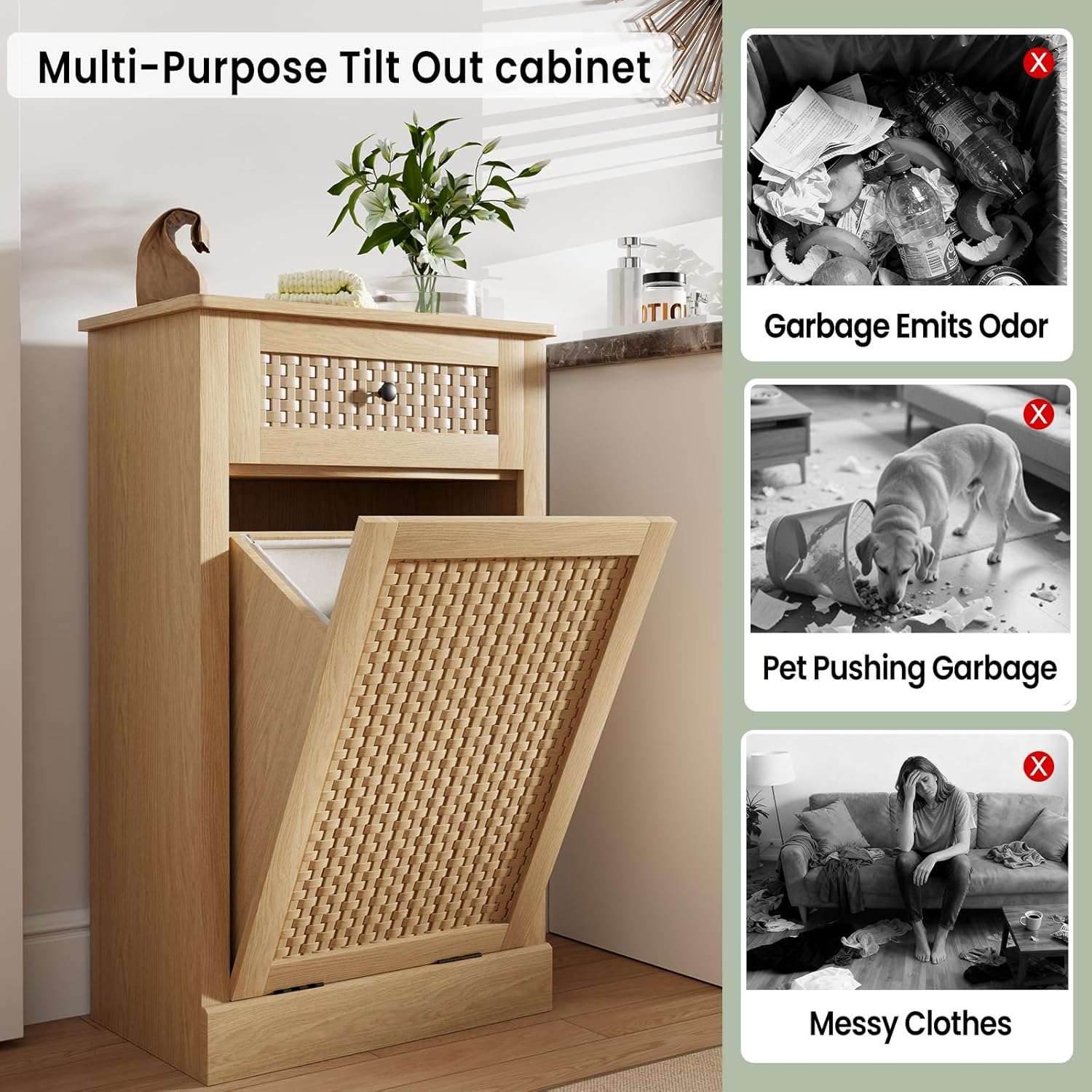 Tilt Out Laundry Hamper Cabinet,10 Gallon Laundry Cabinet with Drawers ＆ Hidden Baskets, Farmhouse Storage Basket for Laundry Room, Bathroom, Kitchen, Wood