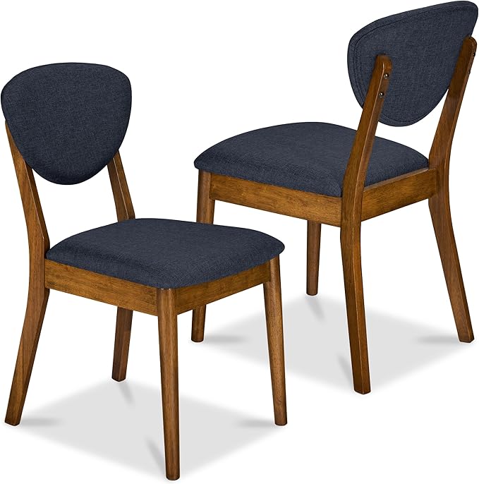 Best Choice Products Dining Chairs Set of 2, Mid-Century Modern Upholstered Wood, Armless w/Seat Cushion, Padded Backrest - Walnut/Navy Blue
