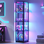68'' Corner Glass Display Cabinet with RGB Lights | Curio Cabinet with Glass Doors, 4-Tier Display Case for Collectibles, Lighted Display Shelf for Living Room Bedroom