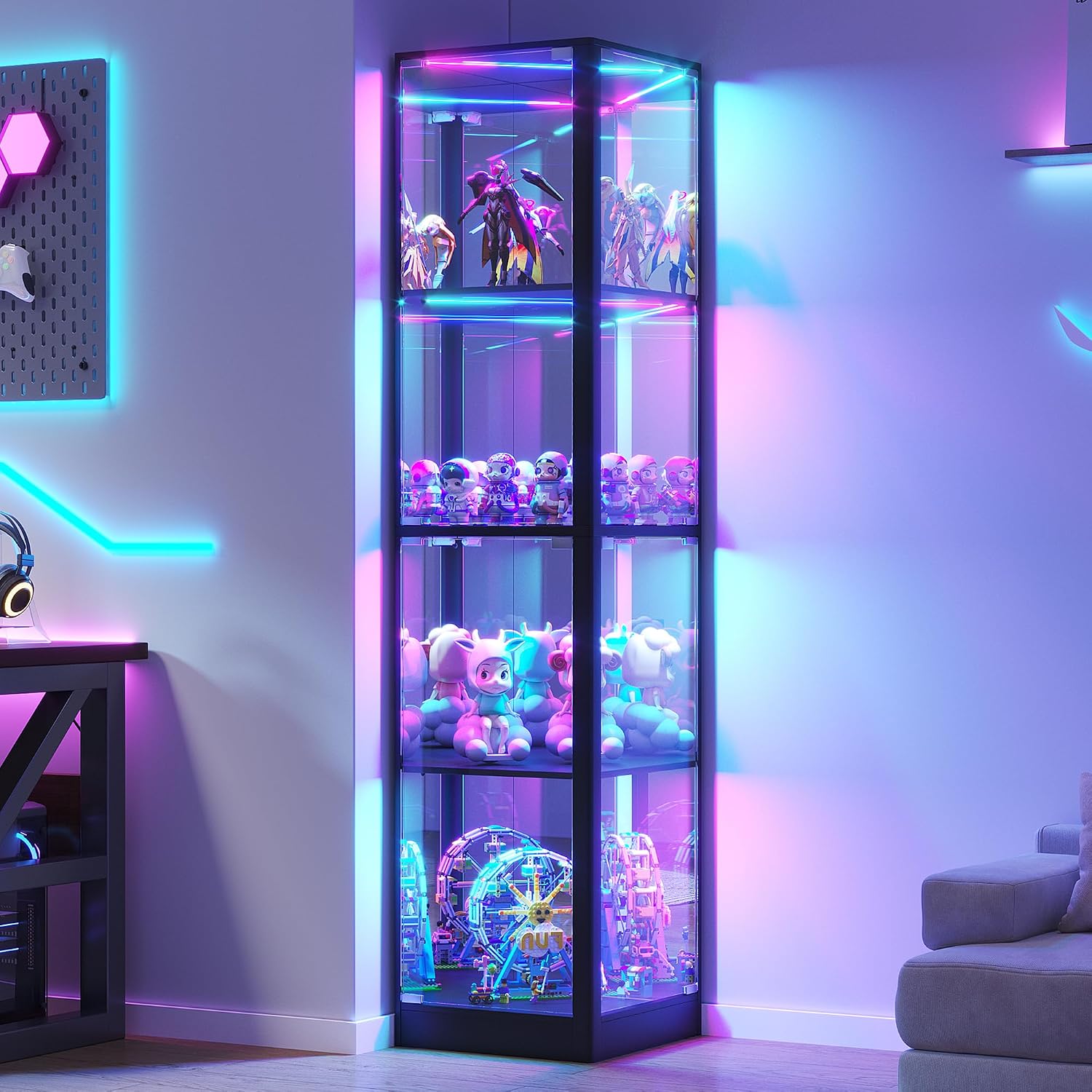 68'' Corner Glass Display Cabinet with RGB Lights | Curio Cabinet with Glass Doors, 4-Tier Display Case for Collectibles, Lighted Display Shelf for Living Room Bedroom