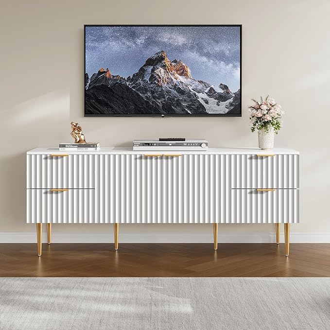 SICOTAS 62 Inch TV Stand for 55/60/65/70 Inch TV - TV Stands for Living Room Entertainment Center with 4 Drawers, Fluted Modern TV Media Console Television Cabinet for Bedroom (White,1 Piece)