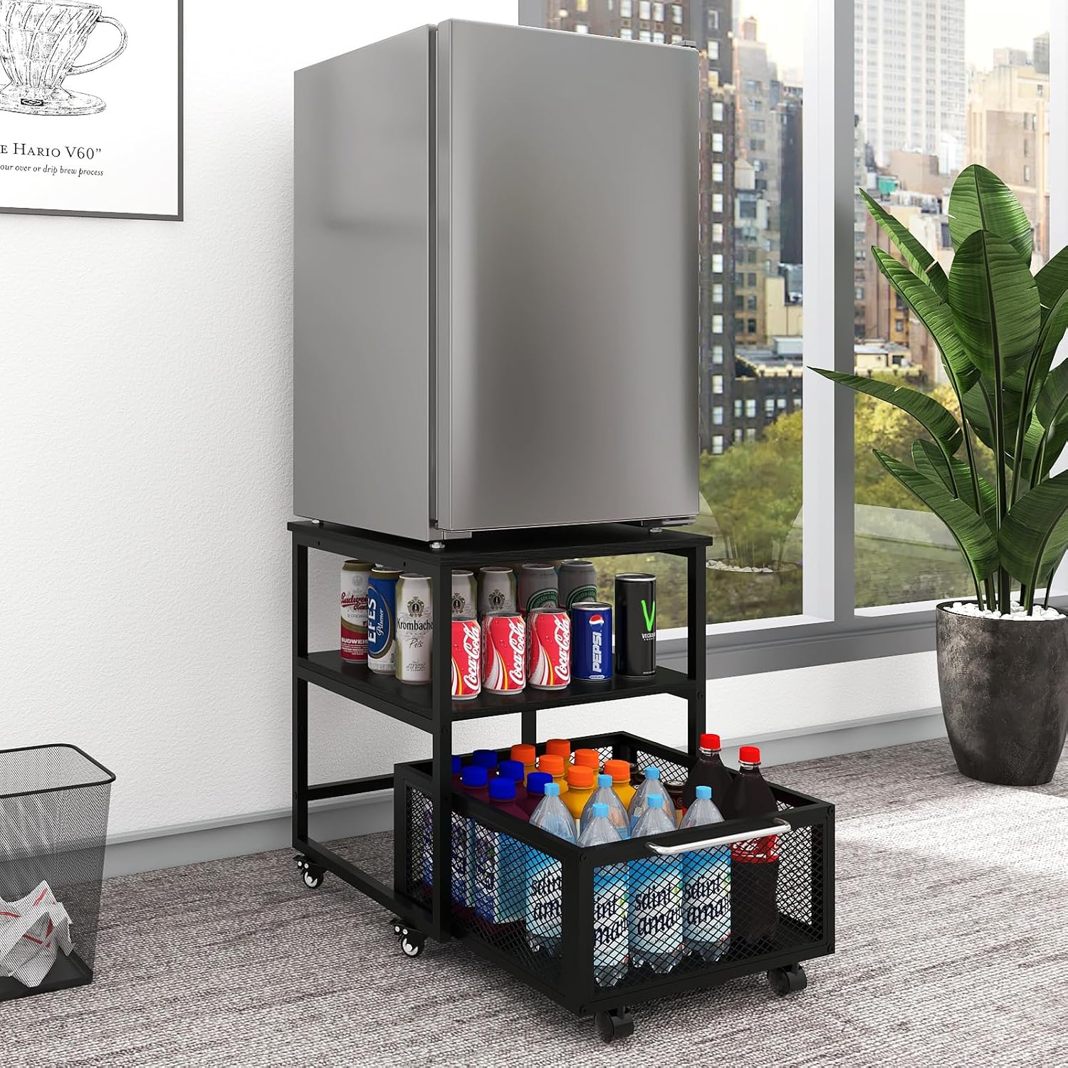 PUNCIA 19.7"x19.7" Mini Fridge Stand 3-Tier Beverage Fridge Table, Black | 220-LB Capacity Beverage Refrigerator Table, Heavy Duty Rolling Organizer with Drawers for Dorm Apartment Office Bedroom