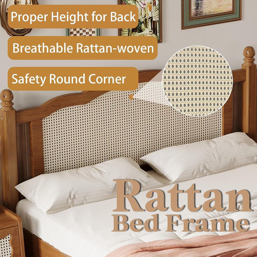 Full Size Wood Bed Frame with Rattan Headboard, Solid Wood Platform Bed Frame...