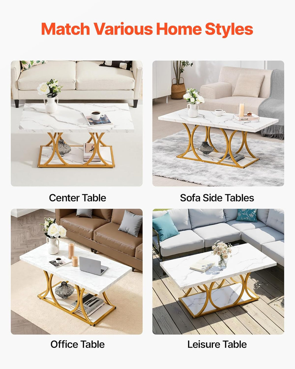 VEVOR Coffee Table, Modern Faux Marble Coffee Table, Large 2-Tier Rectangle Center Desk with Geometric Legs, Minimalist Sturdy Metal Frame Accent End Desk for Living Room, Office, Easy Assembly, White