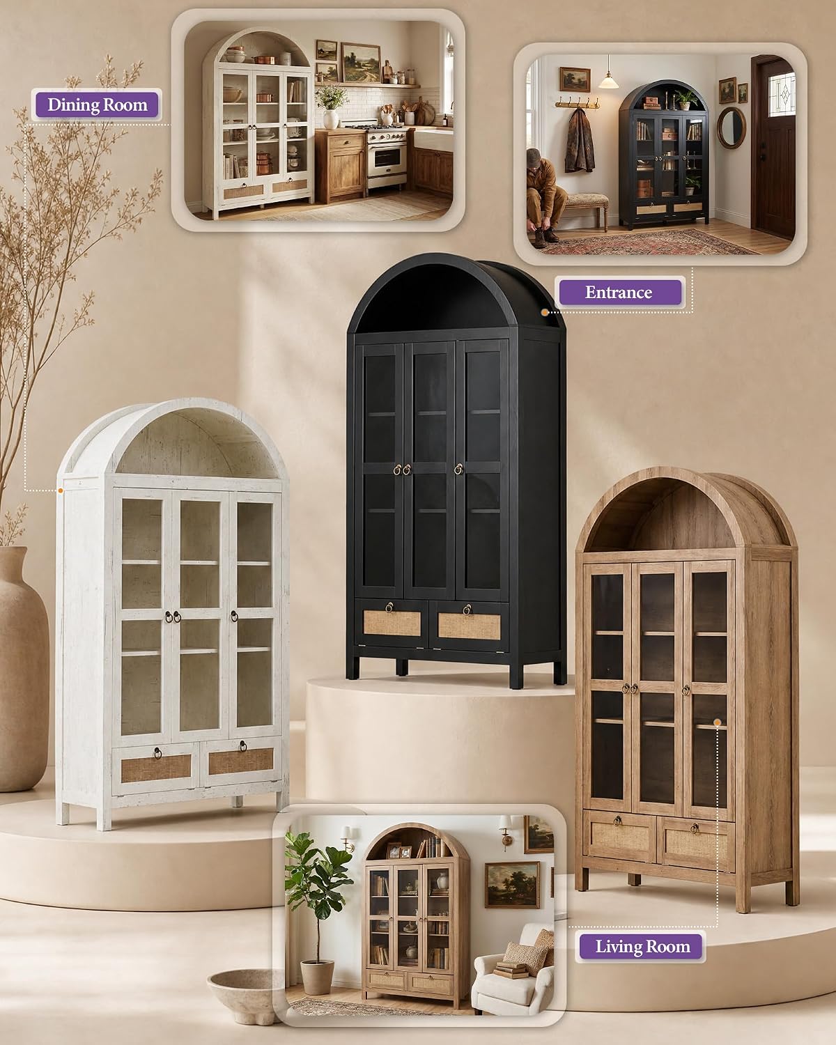 75'' Black Arched Cabinet, Arch Pantry Storage Cabinet with 3 Glass Doors | TYBOATLE, Pantry Cabinet, Farmhouse Style, Rattan Drawers, Anti-Tip Device, Kitchen, Bathroom, Dining Room, Cupboard Storage