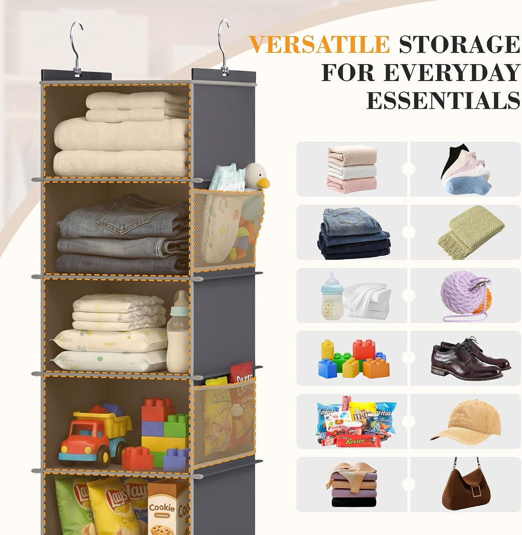 YOUDENOVA Upgraded Hanging Shoe Organizer for Closet, 8-Shelf, Grey | Extra Wide Design, 8 Side Pockets, Hanging Shoe Rack Hanger, Dorm Storage, Perfect for Storing Shoes, Hats, Clothes, Jeans