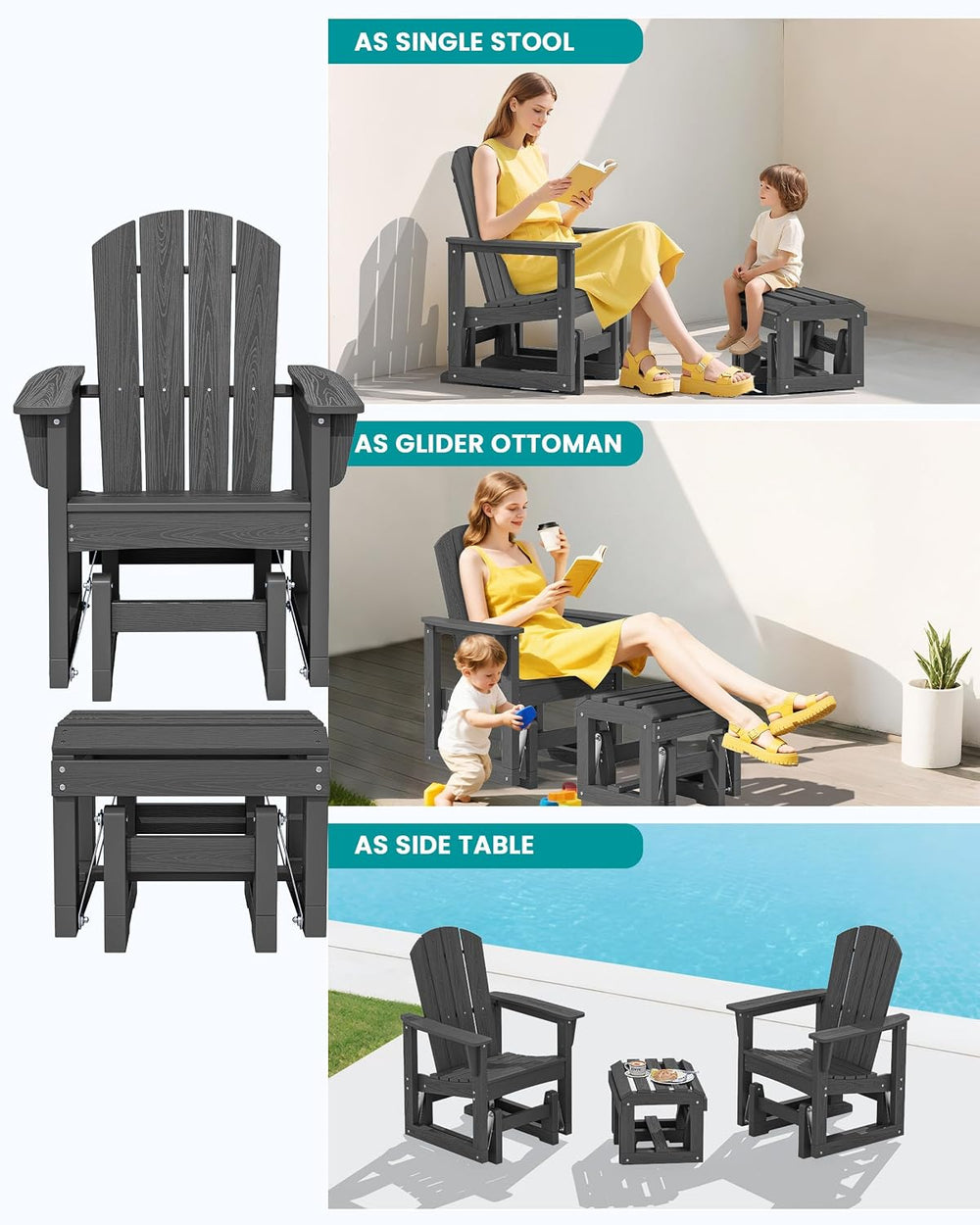 SERWALL HDPE Outdoor Glider with Ottoman Set of 4, All-Weather Patio Glider