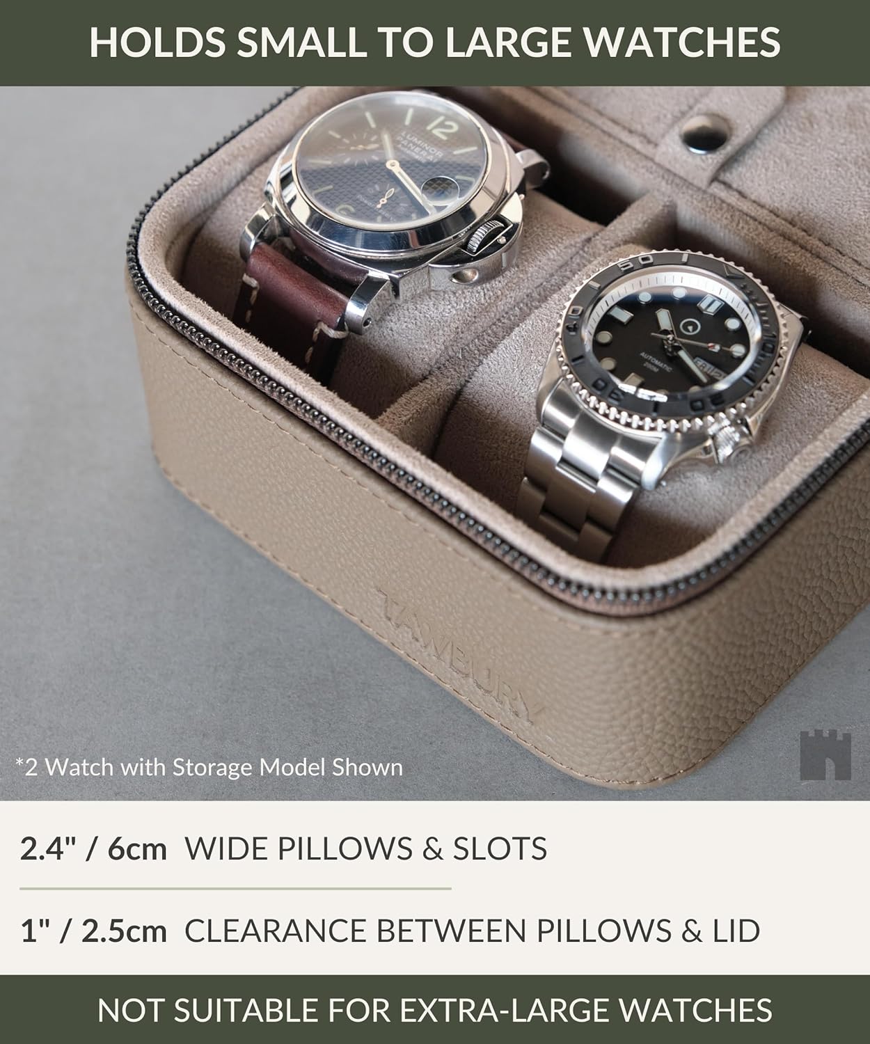 TAWBURY Watch Case - 3 Slot Portable Watch Storage Box for Home & Travel with Extra Wide Pillows for Large Watches and Compartment for Accessory Storage (Taupe)