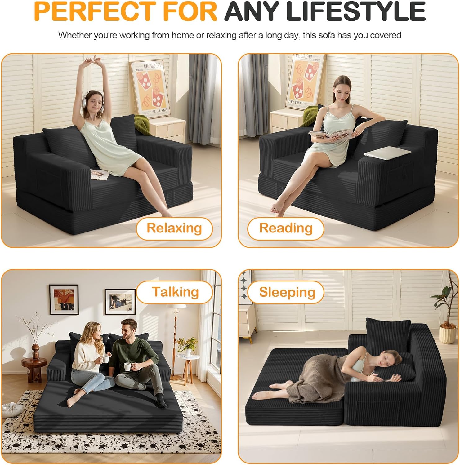 Erament Loveseat Boneless Convertible Sofa Bed, Folding Floor Futon Sleeper Sofa Couch Bed- Boneless Foldable Couch, Corduroy Pull Out Sofa Bed with 2 Pillows for Living Room & Bedroom