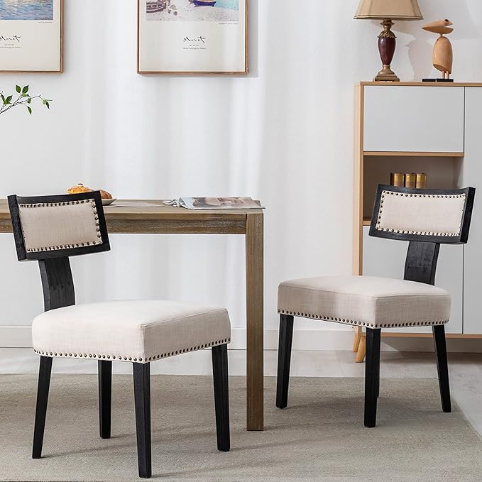 Mid Century Modern Dining Chairs Set of 2 Linen Fabric Upholstered Kitchen Side Chairs with Nailhead Trim, Modern Kitchen Armless Solid Wood Dining Chairs, Beige