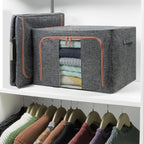 Linen Clothes Storage Bins, 4PCS Sturdy Closet Organizers and Storage Bin with Metal Frame, 2 Opening Ways Fabric Visible Lidded Storage Box for Organizing Clothing,Jeans,Sheets (4PC Gray, 60Liters)