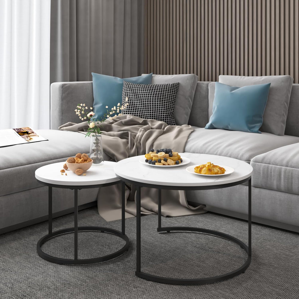 Nesting Coffee Table Set of 2, 27.6inch Round Coffee Table Wood Marble Patter...