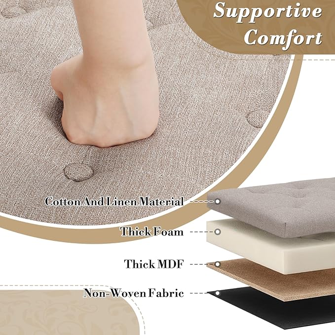 Athena Collection 24.5 Inch Small Ottoman with Storage, Round Linen Fabric Storage Ottoman Foot Rest with Removable Lid, Multipurpose Footstool Footrest for Livingroom, Bedroom, Dorm, Beige