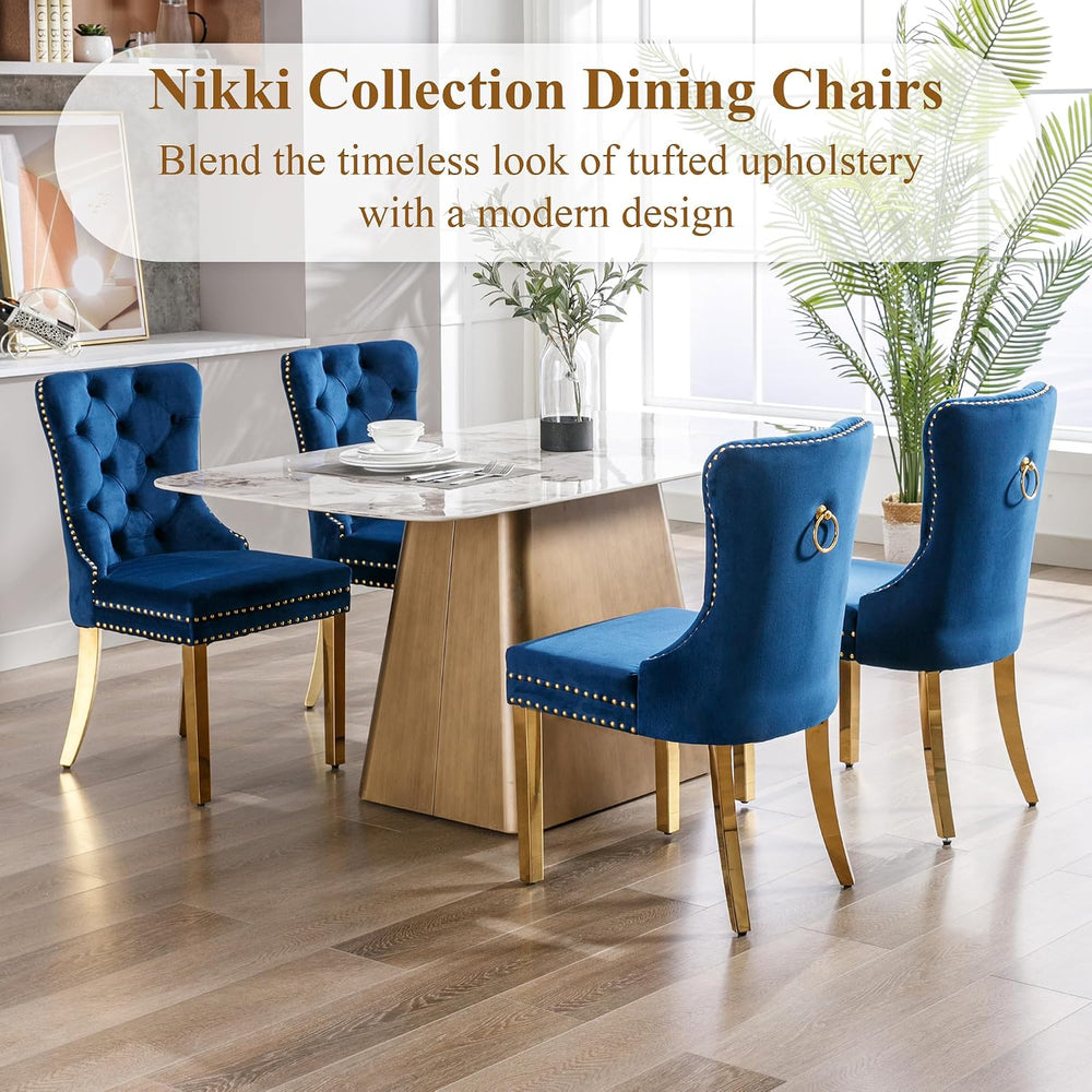Blue Velvet Dining Chairs Set of 2, Elegant Tufted & Nailhead, Gold Legs ...