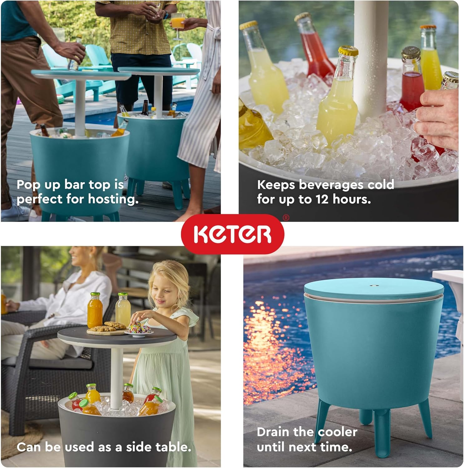 Keter Modern Cool Bar Outdoor Patio Furniture and Hot Tub Side Table with 7.5 Gallon Beer and Wine Cooler, Teal