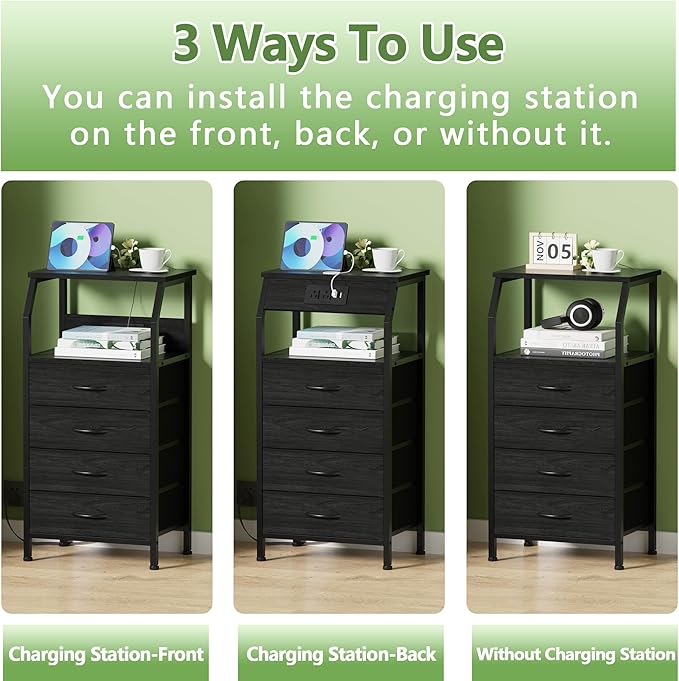 Furnulem Night Stand with Charging Station, 4 Drawer Dresser with Storage She...