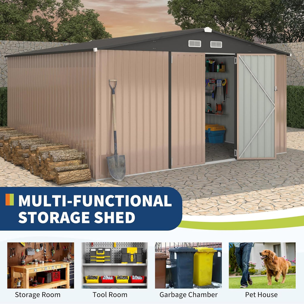 12x12 FT Metal Storage Sheds Outdoor, Metal ToolShed with Lockable Door, Metals Yard Sheds Metals Garden Shed Kit, MetalUtility Sheds Buildings with Air Vent for Backyard Garden Patio Lawn