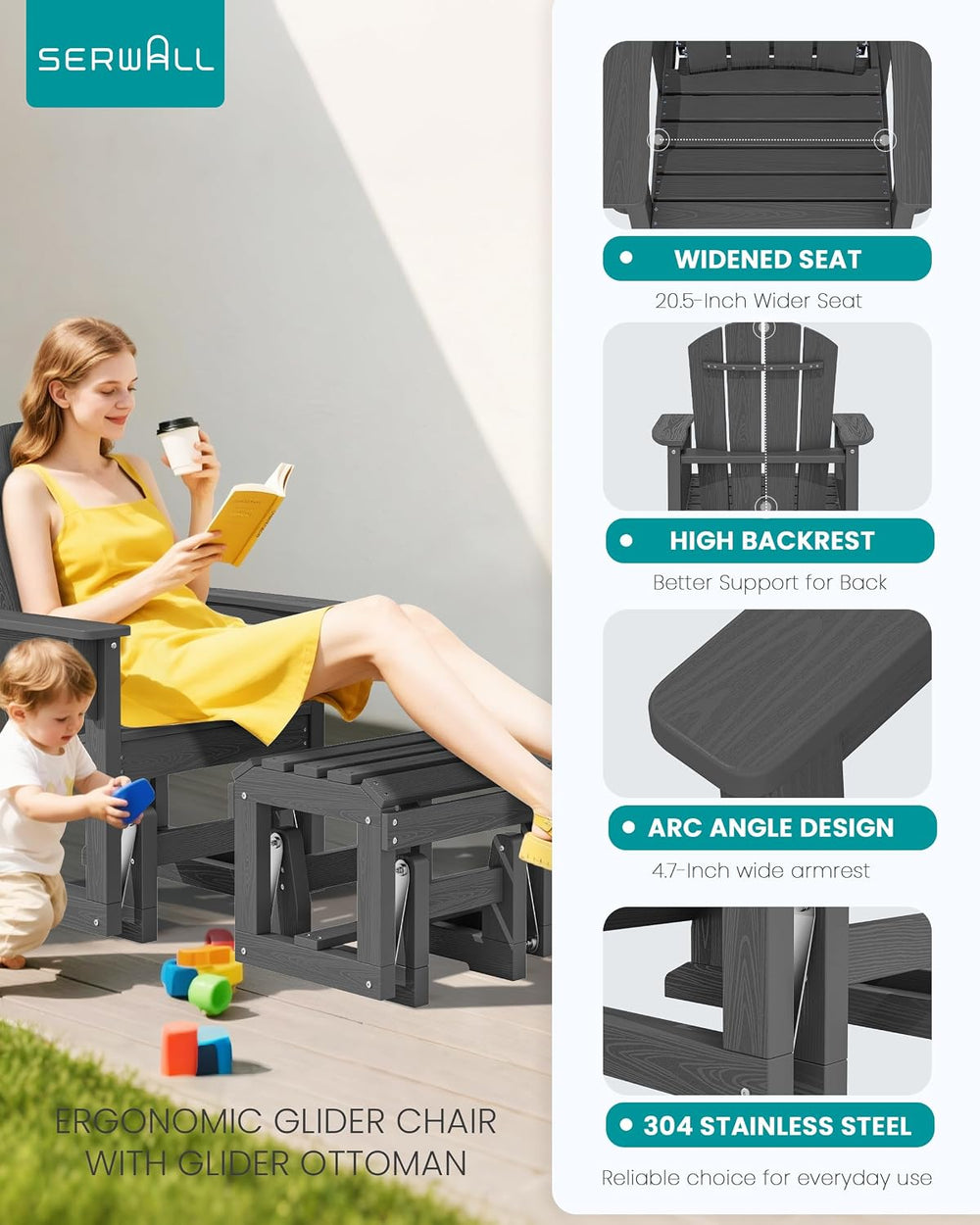 SERWALL HDPE Outdoor Glider with Ottoman Set of 4, All-Weather Patio Glider