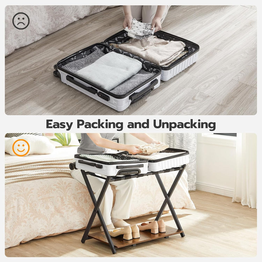 HOOBRO Folding Luggage Rack, Suitcase Stand Holder with Wooden Storage Shelf, Holds up to 110 lb, 27.2 x 15.7 x 24 Inches, for Guest Room, Bedroom, Closet, Hotel, Rustic Brown and Black BF68XL01G1