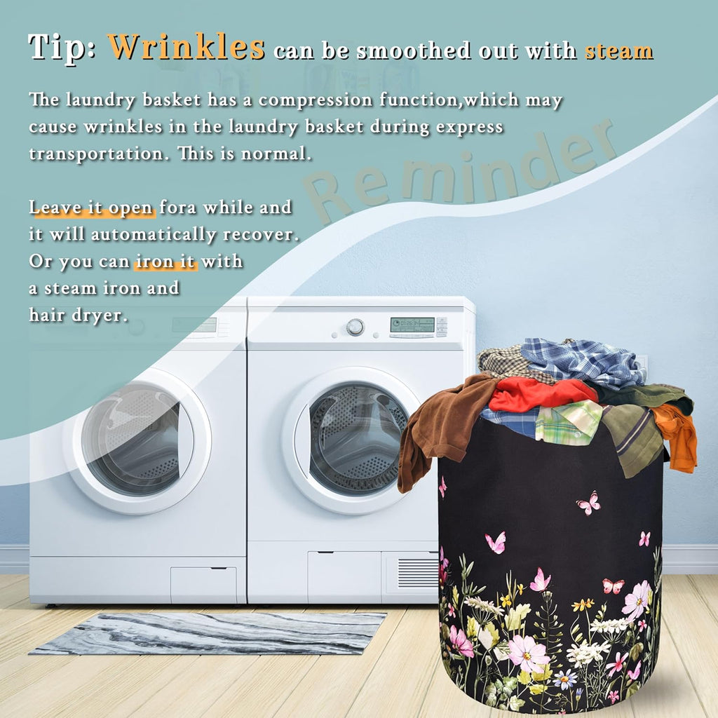 Beautiful Flowers Laundry Hamper With Handles Foldable Oxford Cloth Butterfly Tote Bag Floral Colorful Laundry Basket Clothes Toy Storage Bucket 18.9"x16.5" For Bathroom/Laundry/Bedroom