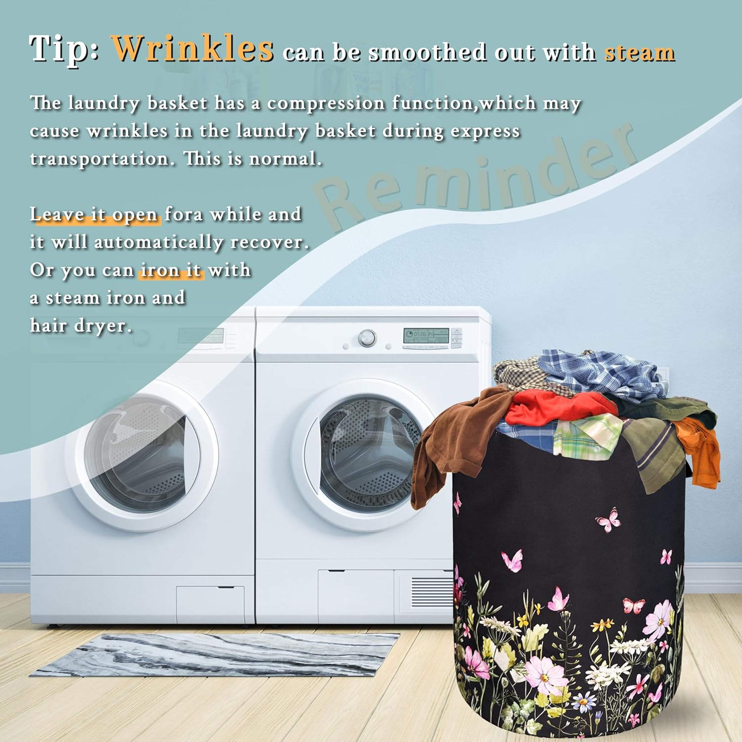 Beautiful Flowers Laundry Hamper With Handles Foldable Oxford Cloth Butterfly Tote Bag Floral Colorful Laundry Basket Clothes Toy Storage Bucket 18.9"x16.5" For Bathroom/Laundry/Bedroom