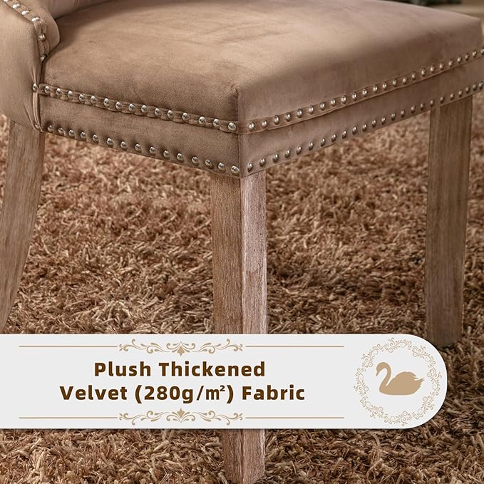 Velvet Upholstered Dining Chairs Set of 8, Modern Style Kitchen Side Chairs with Nailhead Trim and Wood Legs,Metal Pulling Ring for Dining Room Living Room(Khaki)