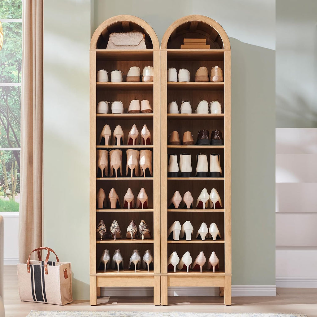 IFGET 71" Tall Arched Shoe Storage Cabinet, 8 Tiers 16 Pairs Wooden Shoe Rack with 3 Adjustable Shelves, Freestanding Shoe Closet Shelf Organizer for Entryway, Hallway, Living Room (Natural)