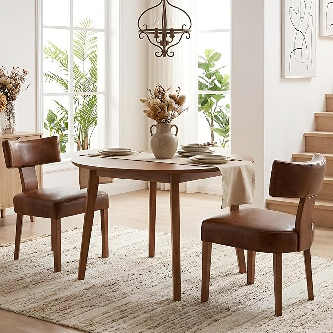 HNY Mid Century Modern Dining Chairs Set of 2, Farmhouse PU Leather Upholstered Accent Chair Curved Backrest Kitchen Chairs, with Hardwood Frame, Brown