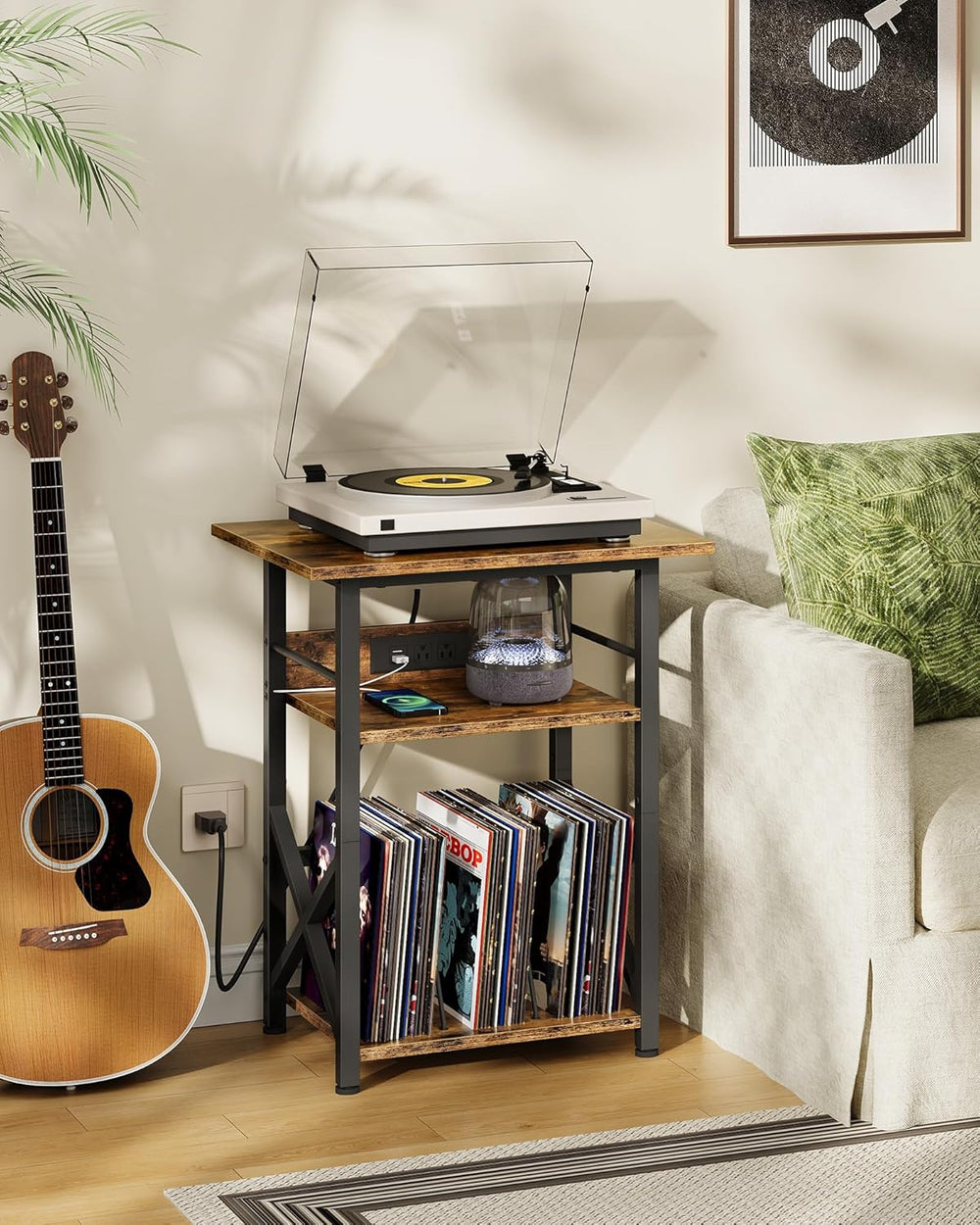 CHOEZON Record Player Stand with Power Outlet, Vinyl Record Storage Side Tabl...