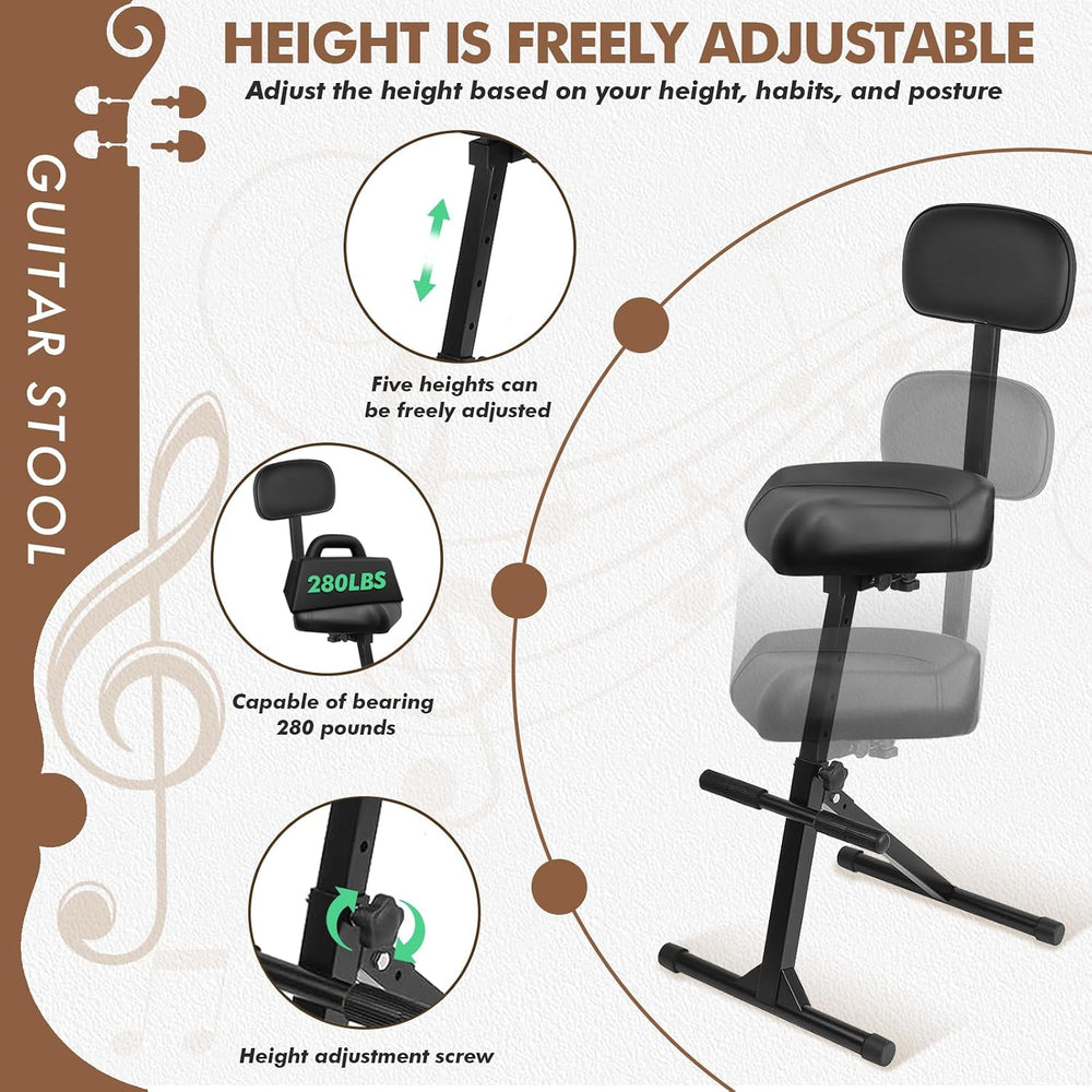 Saddle Guitar Stool with Back Support and Guitar Hanger, Height Adjustable Sa...