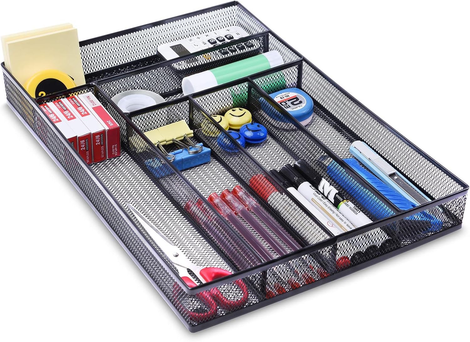 WuGeShop Desk Drawer Organizer with 6 Compartments, Mesh Drawer Organizer Tray for Stationery, Office Supplies Desktop Storage, Black