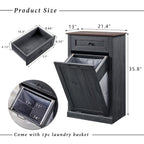Tilt Out Trash Can Cabinet, 10 Gallon Farmhouse Laundry Hamper Cabinet with Drawer, Hidden Wooden Trash Garbage Can Bin with Storage Basket for Kitchen, Living Room (Dark Grey)