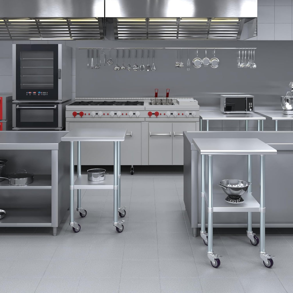 AmGood 24" x 24" Stainless Steel Work Table with Casters | Heavy Duty Metal Utility Table On Wheels | Kitchen Island Cart