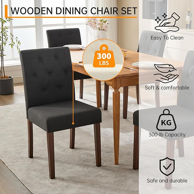 Upholstered Dining Chairs Set of 4, Button Tufted Parsons Chairs with Wood Legs and Padded Seat, Modern Fabric Side Chairs for Dining Room Kitchen Farmhouse Hotel, Black