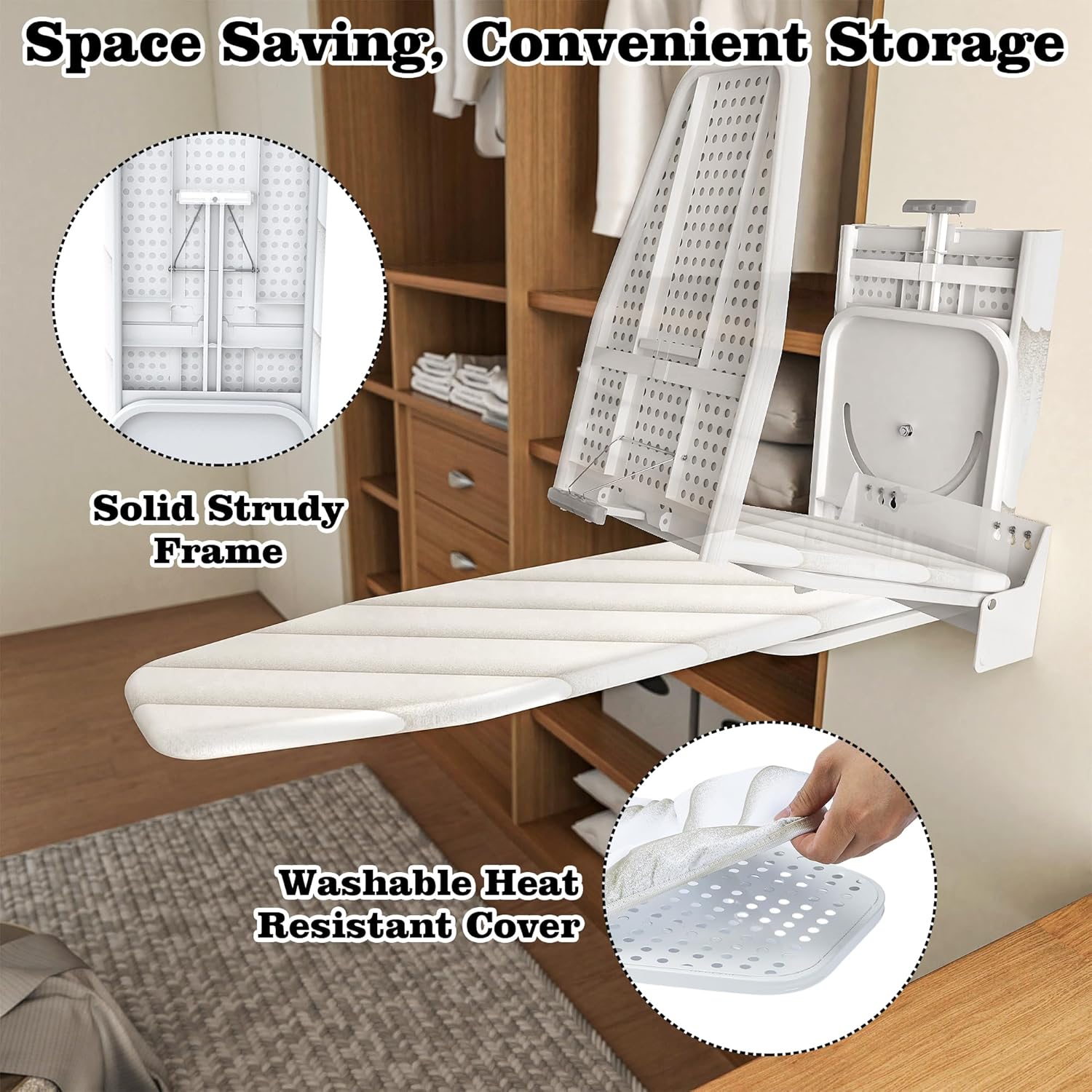 Wall-Mounted Ironing Board 37.4" x 11.8" Compact Mount Fold Down Iron Board Foldable 180° Swivel Iron Board with Heat Resistant Cover Space Saving for Home Laundry Room, Apartment, Dorms