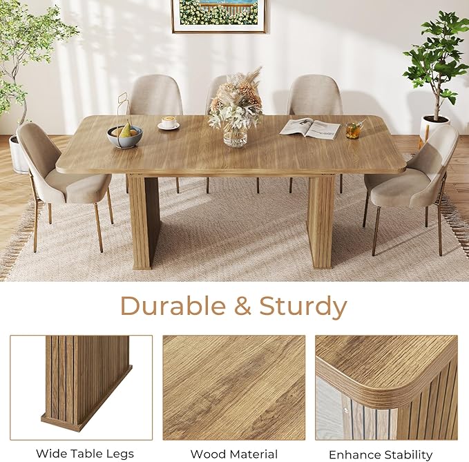 63"-78.7" Expandable Dining Table, 6-10 Farmhouse Kitchen Table, Extendable Dining Table, Rectangular Table with Metal Track, Widened Wood Striped Legs for Dining Room, Office-Beige Brown