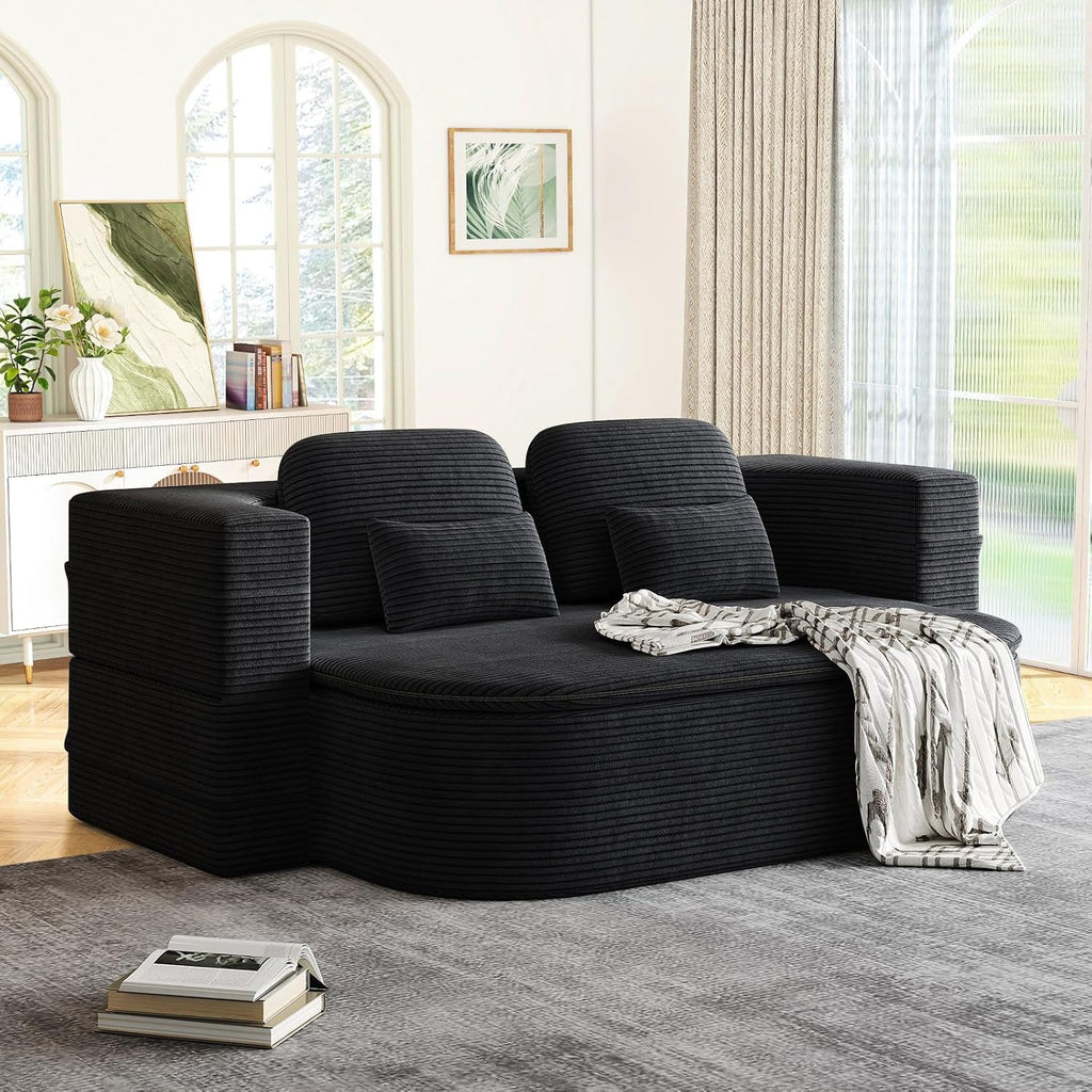 Antetek Convertible Sleeper Sofa, Modern Folding Futon Corduroy Floor Foam Compression Loveseat Sofa Bed Couch, Foldable Full Size Guest Bed with 4 Pillows for Living Room Bedroom Apartment, Black