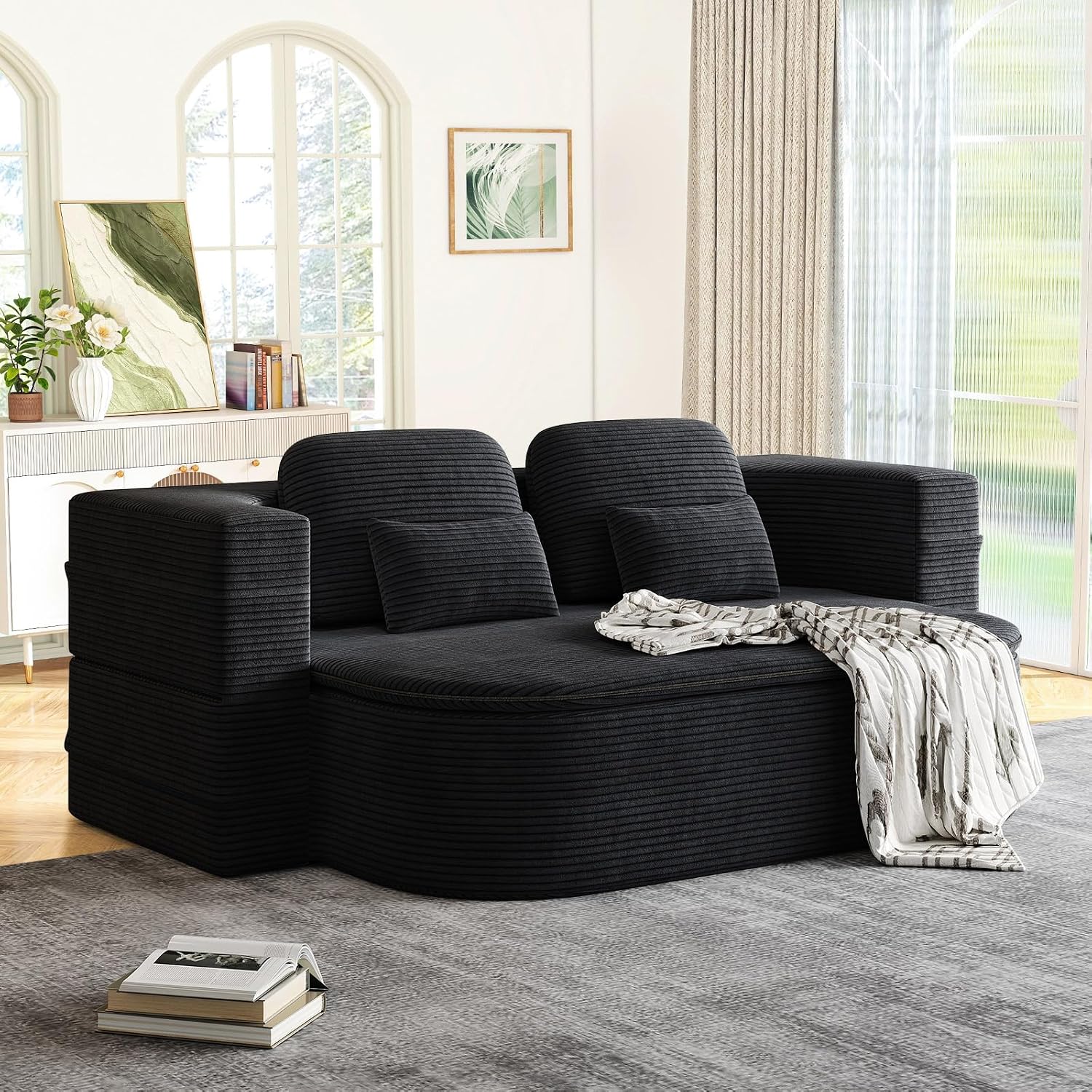 Antetek Convertible Sleeper Sofa, Modern Folding Futon Corduroy Floor Foam Compression Loveseat Sofa Bed Couch, Foldable Full Size Guest Bed with 4 Pillows for Living Room Bedroom Apartment, Black