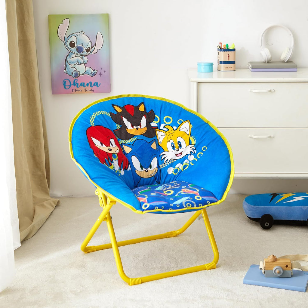 Sega Sonic The Hedgehog 23-Inch Kids Folding Saucer Chair,Portable, Padded Seat with Metal Frame for Kids Ages 3+, Ideal for Bedroom, Playroom, or Gaming Setup