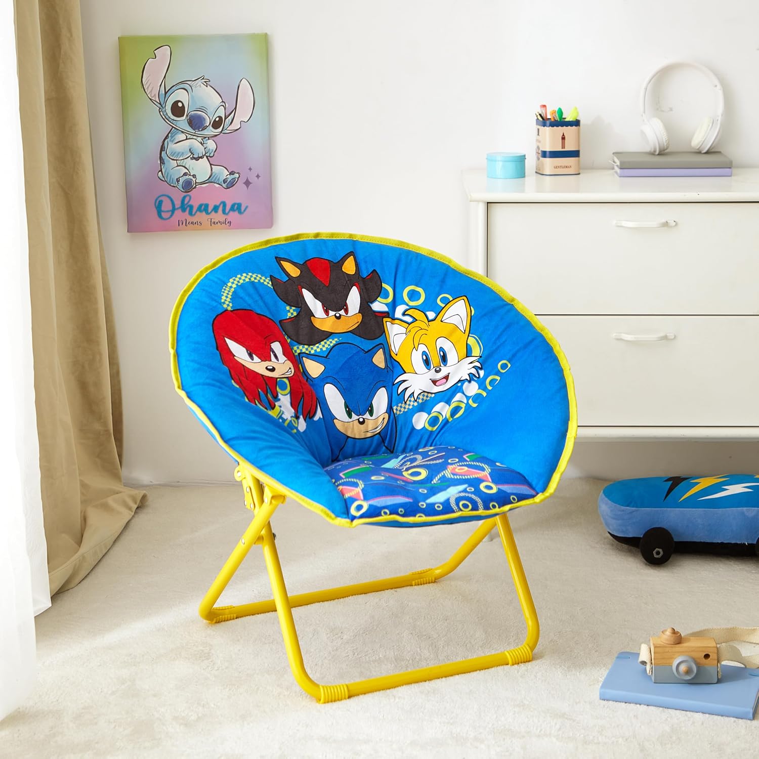 Sega Sonic The Hedgehog 23-Inch Kids Folding Saucer Chair,Portable, Padded Seat with Metal Frame for Kids Ages 3+, Ideal for Bedroom, Playroom, or Gaming Setup