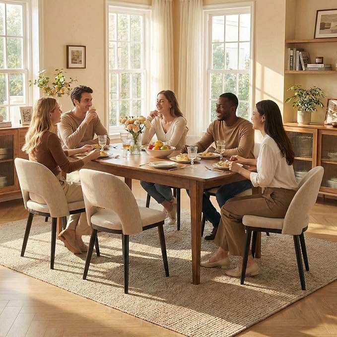 Wooden Dining Chairs Set of 6,Upholstered Kitchen Dining Room Chairs with Curved Backrest and Wood Leg,Modern Fabric Farmhouse Dinner Chair for Restaurant/Cafe,Beige