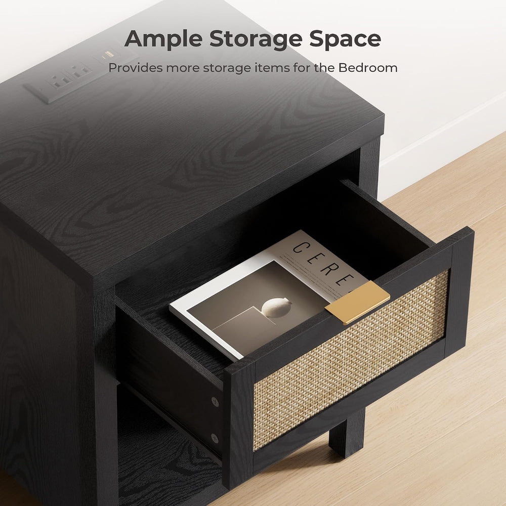 SICOTAS Black Rattan Nightstands Set of 2 with Charging Station | Modern Nigh...
